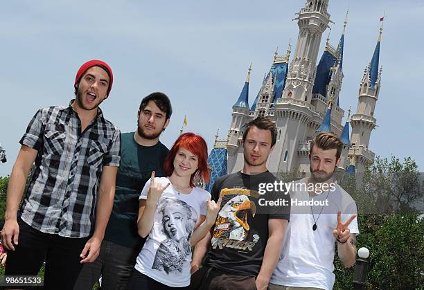 In this handout image provided by Disney, : Taylor York, Zac Farro, Hayley Williams, Josh Farro, and Jeremy Davis of the band Paramore pose at the...