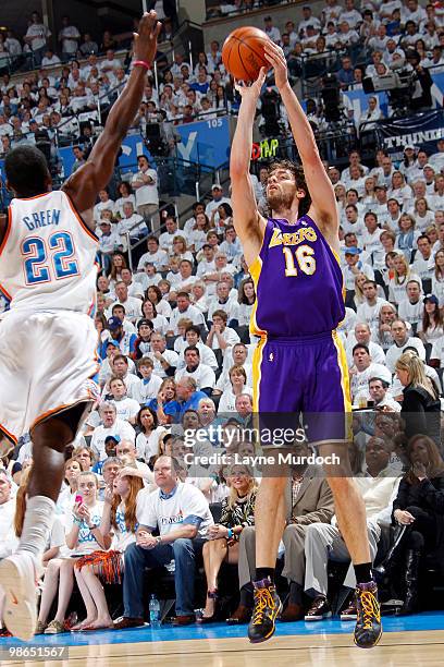 Pau Gasol of the Los Angeles Lakers shoots a jump shot over Jeff Green of the Oklahoma City Thunder in Game Four of the Western Conference...