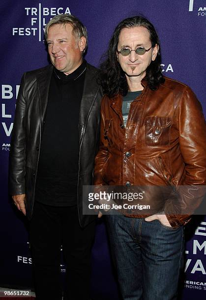 Musicians Alex Lifeson and Geddy Lee of the band Rush attend the premiere of "RUSH: Beyond The Lighted Stage" during the 2010 Tribeca Film Festival...