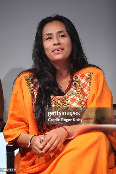 Leader of the Wayuu indigenous people of La Guajira, Colombia, Karmen Ramirez Boscan speaks at the Real Life Pandoras On Earth Press Conference at...