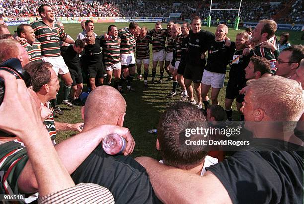 The Leicester team celebrate winning the Heineken Cup after the match between Stade Francais avnd Leicester Tigers in the Heineken Cup Final at the...