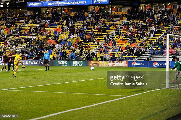 Forward Guillermo Barros Schelotto of the Columbus Crew takes a penalty shot on goalkeeper Nick Rimando of Real Salt Lake on April 24, 2010 at Crew...