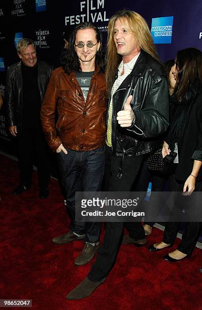 Musicians Geddy Lee and Sebastian Bach attend the premiere of "RUSH: Beyond The Lighted Stage" during the 2010 Tribeca Film Festival at the School of...