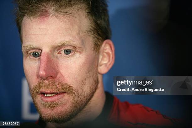 Daniel Alfredsson of the Ottawa Senators answers questions from the media after his team was defeated by the Pittsburgh Penguins in Game Six of the...