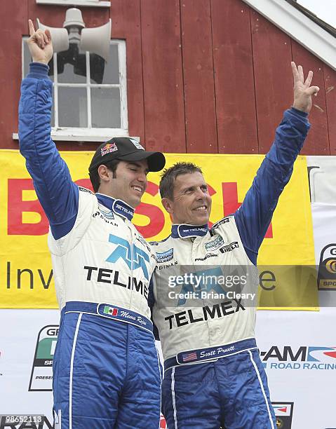 Scott Pruett , right, and Memo Rojas celebrate in victory lane after the Bosch Engineering 250 at Virginia International Raceway on April 24, 2010 in...