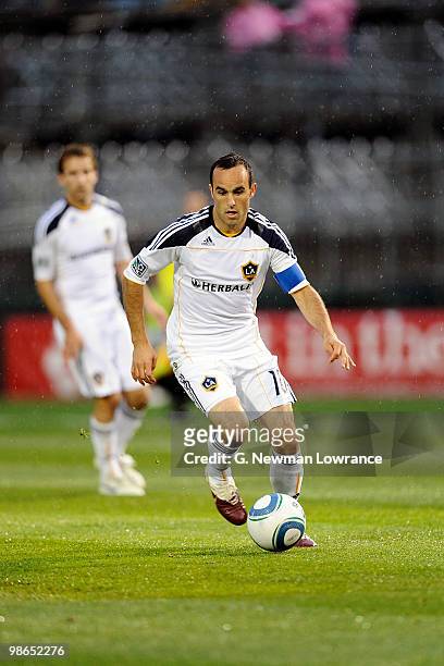 Landon Donovan of the Los Angeles Galaxy advances the ball during an MLS match against the Kansas City Wizards on April 24, 2010 at Community America...