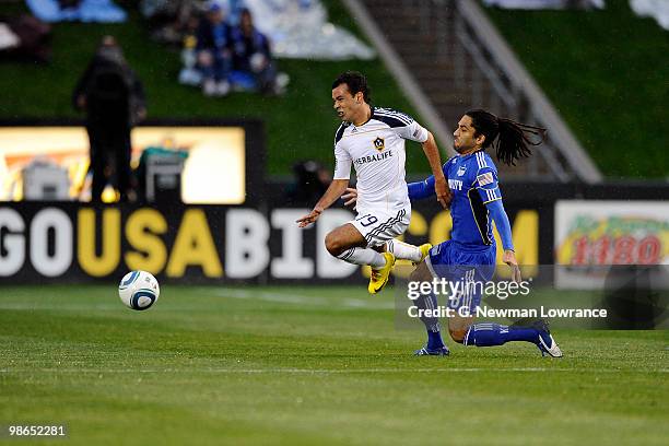 Juninho of the Los Angeles Galaxy advances the ball during an MLS match against the Kansas City Wizards on April 24, 2010 at Community America Park...