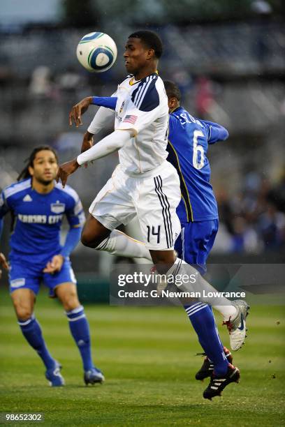 Edson Buddle of the Los Angeles Galaxy advances the ball during an MLS match against the Kansas City Wizards on April 24, 2010 at Community America...