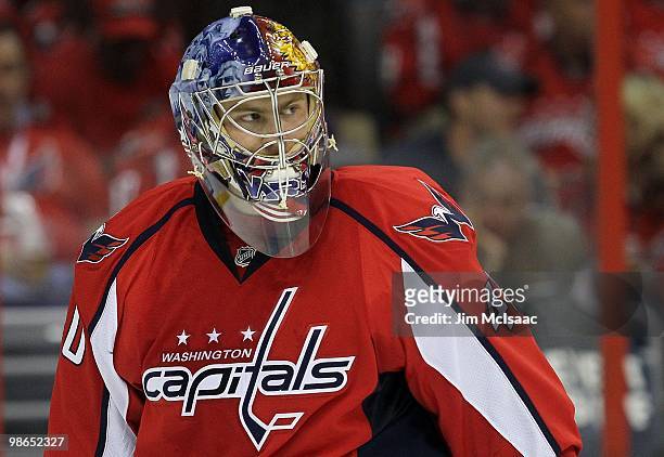 Semyon Varlamov of the Washington Capitals looks on against the Montreal Canadiens in Game Five of the Eastern Conference Quarterfinals during the...