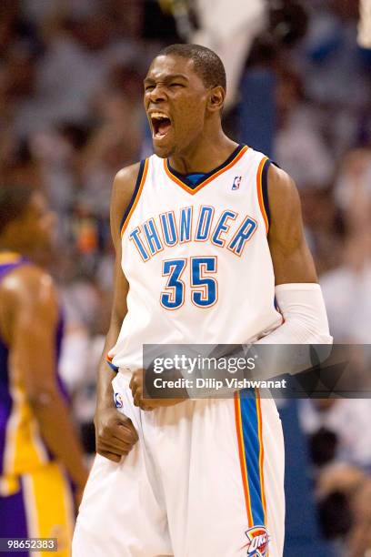 Kevin Durant of the Oklahoma City Thunder celebrates a foul called against the Los Angeles Lakers during Game Four of the Western Conference...