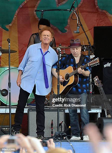 Simon & Garfunkel make their first-ever appearance at the New Orleans Jazz & Heritage L/R Art Garfunkel and Paul Simon perform at the 2010 New...