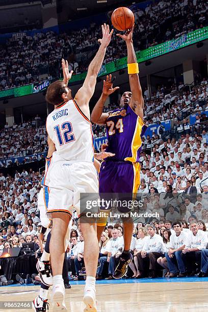 Kobe Bryant of the Los Angeles Lakers shoots over Nenad Krstic of the Oklahoma City Thunder in Game Four of the Western Conference Quarterfinals...