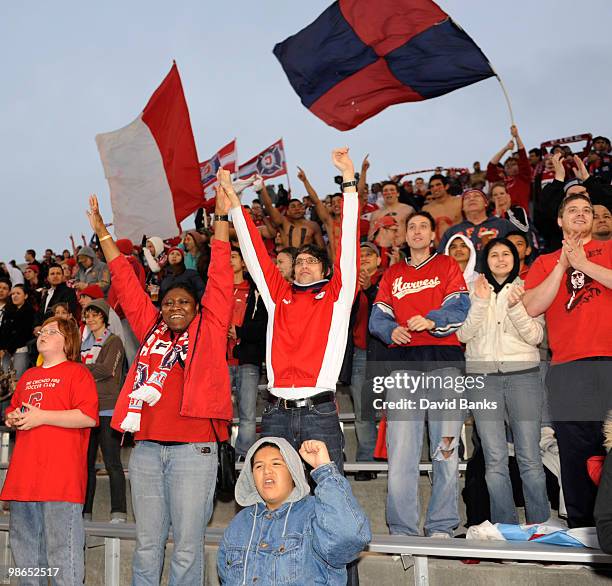 Chicago Fire fans cheer before the game against the Houston Dynamo in an MLS match on April 24, 2010 at Toyota Park in Brideview, Illinois. The Fire...