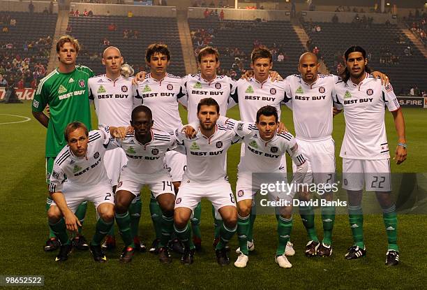 Members of the Chicago Fire pose for a starting 11 team photo before a match against the Houston Dynamo on April 24, 2010 at Toyota Park in...