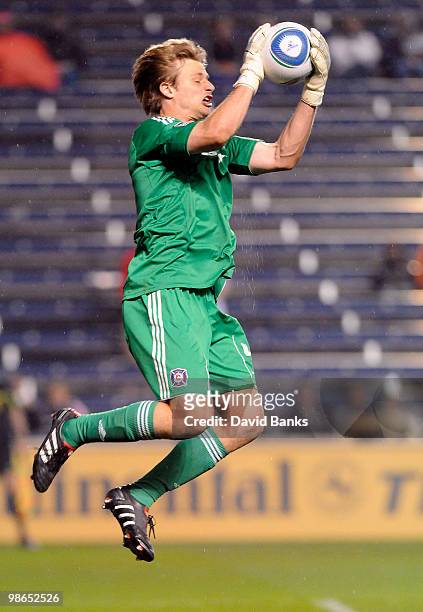 Andrew Dykstra of the Chicago Fire makes a save against the Houston Dynamo in an MLS match on April 24, 2010 at Toyota Park in Brideview, Illinois....