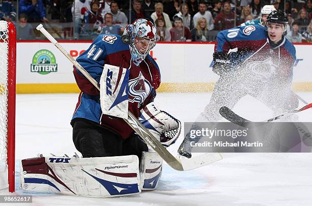 Goaltender Craig Anderson of the Colorado Avalanche makes a save against the San Jose Sharks in game Six of the Western Conference Quarterfinals...