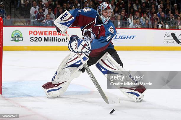 Goaltender Craig Anderson of the Colorado Avalanche clears the puck against the San Jose Sharks in game Six of the Western Conference Quarterfinals...