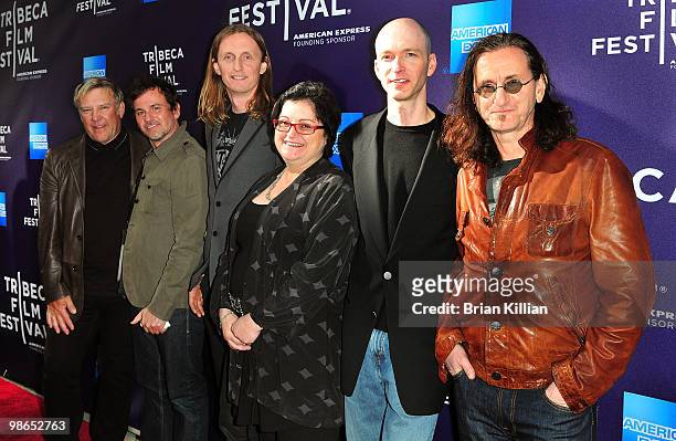 Alex Lifeson, Scott McFadyen, Sam Dunn, Pegi Cecconi, John Virant, and Geddy Lee attend the "RUSH: Beyond The Lighted Stage" premiere during the 9th...