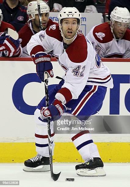 Dominic Moore of the Montreal Canadiens skates against the Washington Capitals in Game Five of the Eastern Conference Quarterfinals during the 2010...