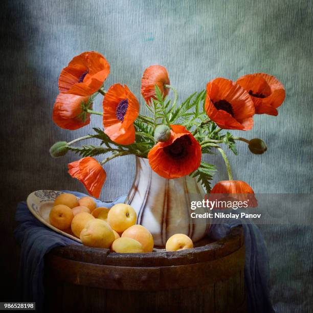 poppies and apricots - poppies in vase stock pictures, royalty-free photos & images