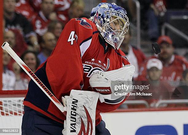 Semyon Varlamov of the Washington Capitals makes a save against the Montreal Canadiens in Game Five of the Eastern Conference Quarterfinals during...