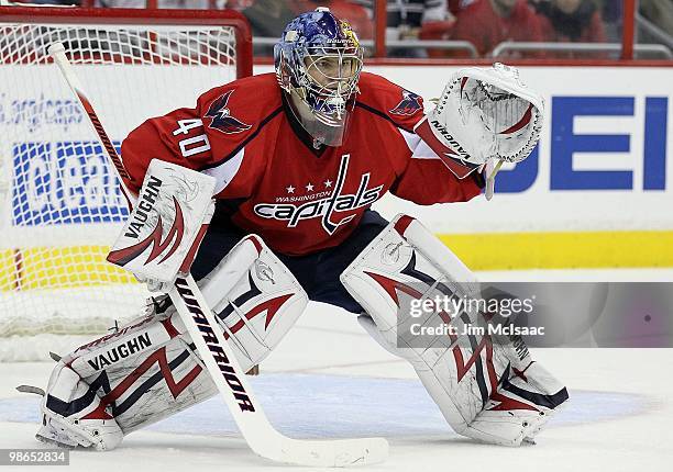 Semyon Varlamov of the Washington Capitals defends against the Montreal Canadiens in Game Five of the Eastern Conference Quarterfinals during the...