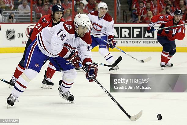 Tomas Plekanec of the Montreal Canadiens skates against the Washington Capitals in Game Five of the Eastern Conference Quarterfinals during the 2010...