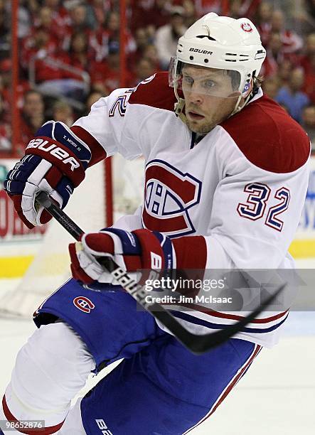 Travis Moen of the Montreal Canadiens skates against the Washington Capitals in Game Five of the Eastern Conference Quarterfinals during the 2010 NHL...