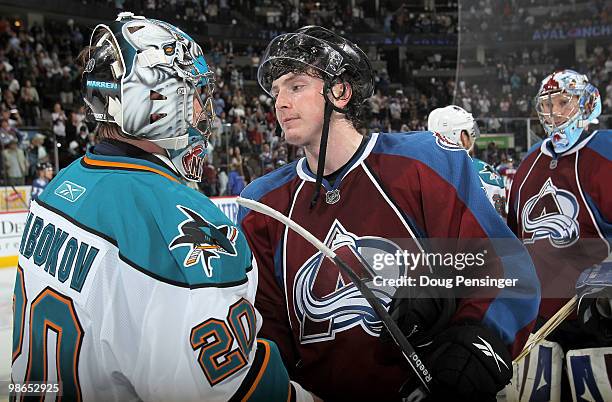 Goalie Evgeni Nabokov of the San Jose Sharks and Matt Duchene of the Colorado Avalanche shake hands at center ice after the Sharks defeated the...