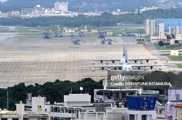 This picture taken on April 24, 2010 shows the US Marine Corps Air Station Futenma base in Ginowan, Okinawa prefecture. Up to 100,000 protesters on...