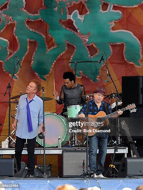 Simon & Garfunkel make their first-ever appearance at the New Orleans Jazz & Heritage L/R Art Garfunkel and Paul Simon perform at the 2010 New...