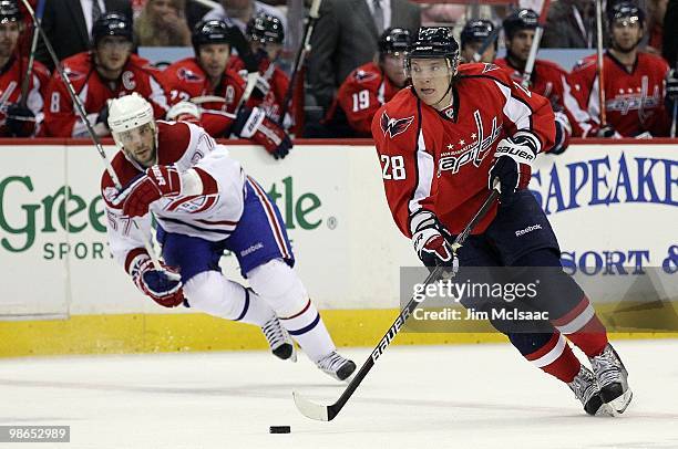 Alexander Semin of the Washington Capitals skates against the Montreal Canadiens in Game Five of the Eastern Conference Quarterfinals during the 2010...