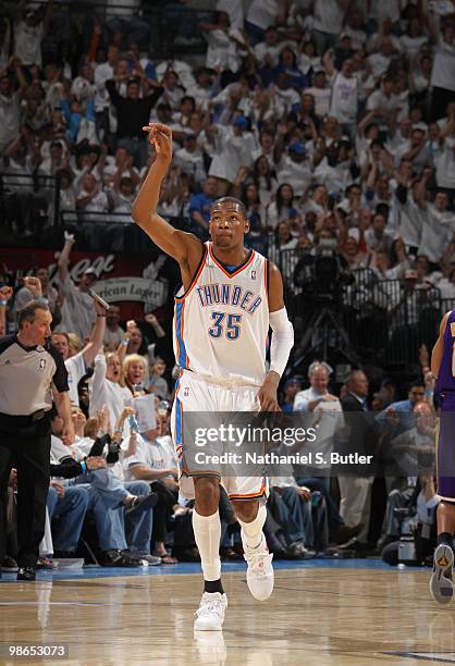 Kevin Durant of the Oklahoma City Thunder celebrates against the Los Angeles Lakers in Game Four of the Western Conference Quarterfinals during the...