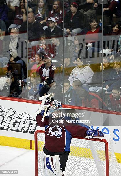 Goaltender Craig Anderson of the Colorado Avalanche during a break in the action against the San Jose Sharks in the third period of Game Six of the...