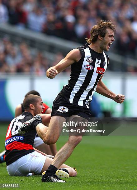 Alan Toovey of the Magpies celebrates kicking a goal during the round five AFL match between the Collingwood Magpies and the Essendon Bombers at...