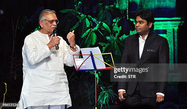 Indian Bollywood lyricist Gulzar and composer A.R. Rahman attend the unveiling ceremony for Hindi movie "Raavan" directed and produced by Mani Ratnam...