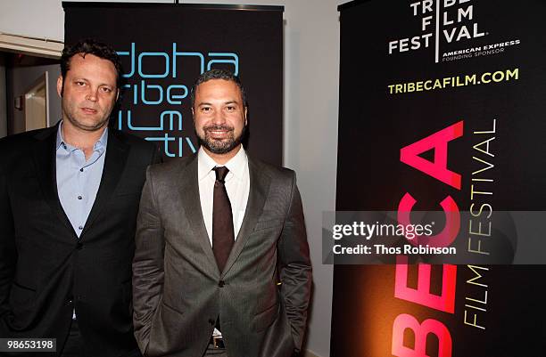 Actor Vince Vaughn and director and actor Ahmed Ahmed attend Doha Tribeca Film Festival Presents "Just Like Us Comedy Night" at Twelve21 on April 24,...