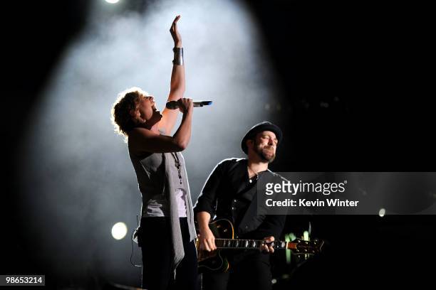 Singer Jennifer Nettles and musician Kristian Bush of Sugarland perform onstage during day 1 of Stagecoach: California's Country Music Festival 2010...