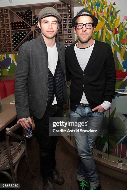 Actors Chris Pine and Zachary Quinto attend the "Monogamy" after party during the 2010 Tribeca Film Festival at Beba on April 24, 2010 in New York...