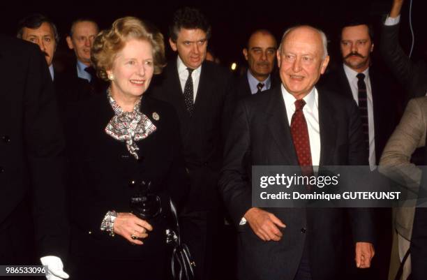 Margaret Thatcher et Ian Paisley au Parlement européen le 9 décembre 1986 à Strasbourg, France.