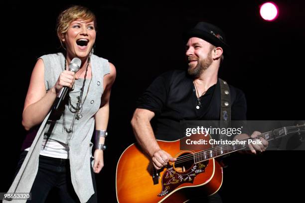 Singer Jennifer Nettles and musician Kristian Bush of Sugarland perform onstage during day 1 of Stagecoach: California's Country Music Festival 2010...