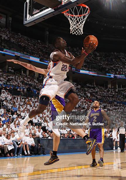 Jeff Green of the Oklahoma City Thunder shoots against Pau Gasol of the Los Angeles Lakers in Game Four of the Western Conference Quarterfinals...