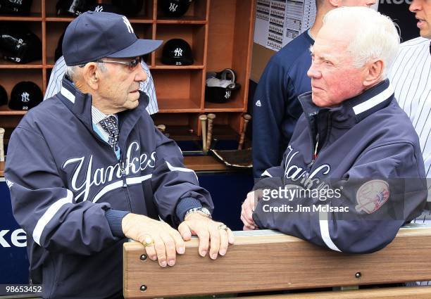 New York Yankee Hall of Famers Yogi Berra and Whitey Ford talk prior to the Yankees playing the Los Angeles Angels of Anaheim during the Yankees home...