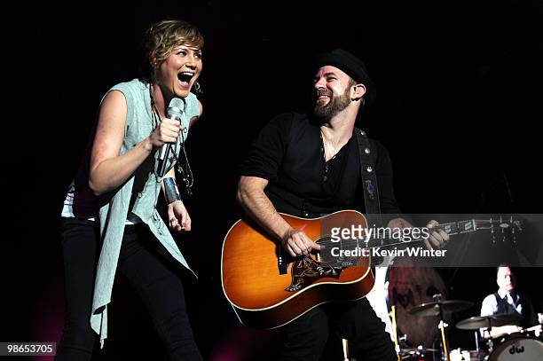 Singer Jennifer Nettles and musician Kristian Bush of Sugarland perform onstage during day 1 of Stagecoach: California's Country Music Festival 2010...