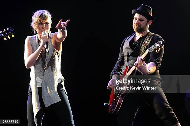 Singer Jennifer Nettles and musician Kristian Bush of Sugarland perform onstage during day 1 of Stagecoach: California's Country Music Festival 2010...