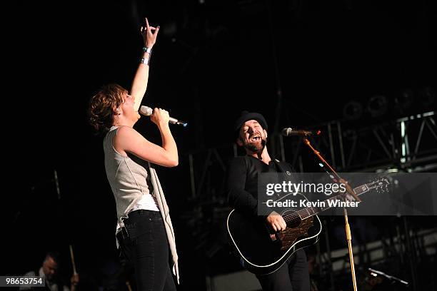 Singer Jennifer Nettles and musician Kristian Bush of Sugarland perform onstage during day 1 of Stagecoach: California's Country Music Festival 2010...