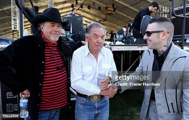 Musicians Bobby Bare, Ray Price and Nick 13 pose backstage during day 1 of Stagecoach: California's Country Music Festival 2010 held at The Empire...
