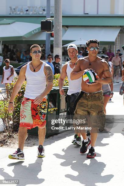 Vinny Guadagnio, Mike the "Situation" Sorrentino and Pauly D Delvecchio are seen on April 24, 2010 in Miami Beach, Florida.