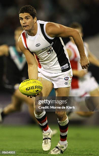 Leigh Montagna of the Saints runs with the ball during the round five AFL match between the Port Adelaide Power and the St Kilda Saints at AAMI...