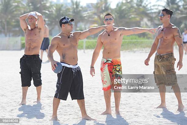 Mike the "Situatuation" Sorrentino, Ronnie Ortiz Margo, Vinny Guadagnio and Pauly D Delvecchio are seen on April 24, 2010 in Miami Beach, Florida.